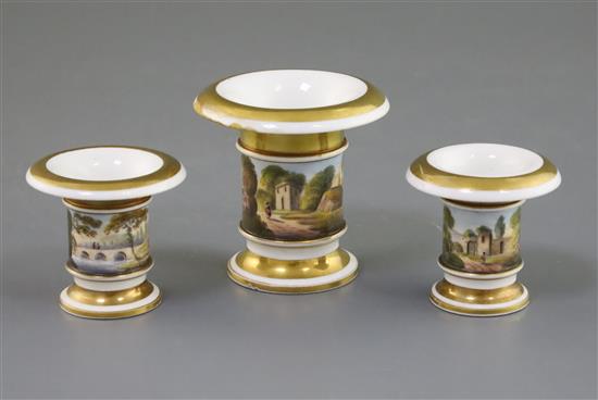 A rare Rockingham miniature garniture of three vases, c.1826-30, H. 6.2cm and 4.5cm, repair to largest vase